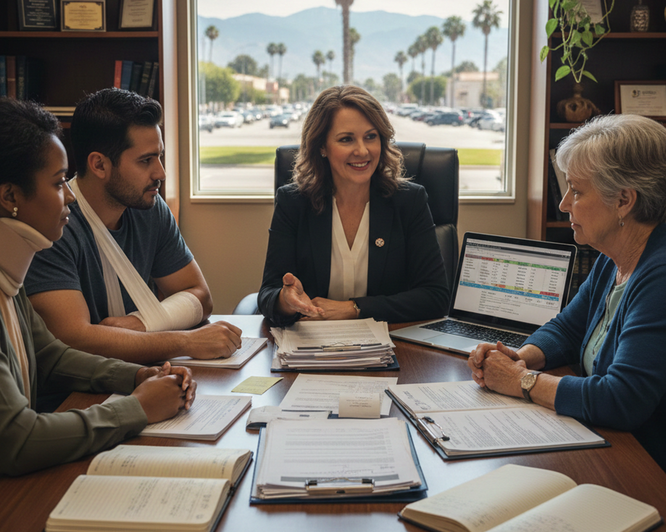 A personal injury attorney in Fresno meeting with accident victims who have neck and arm injuries, surrounded by legal documents and files on a conference table.